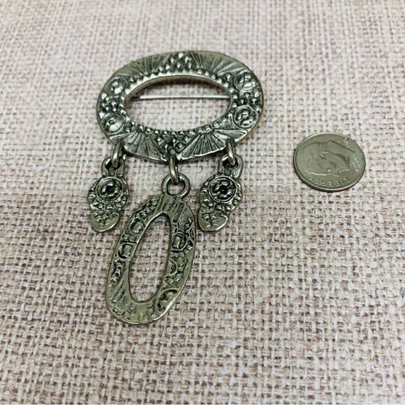 Silver Stamped Oval Dangle Brooch - Picture 1 of 2